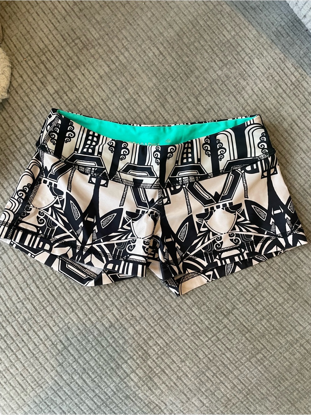 Black & White Geometric Athletic Shorts with Teal Lining
